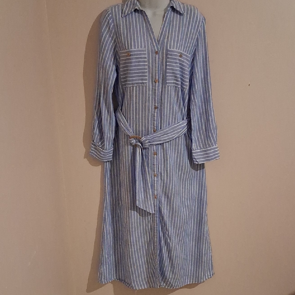 Zara Blue and White Striped Long Sleeve Dress